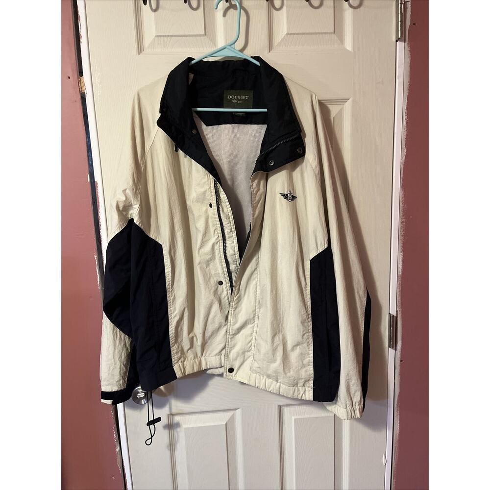 Dockers Golf Mens Polyester Full Zip Navy Tan Windbreaker Coat Jacket L vintage
